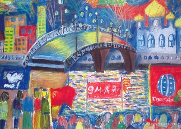 «Праздничный салют над городом» (восковые мелки + акварель)