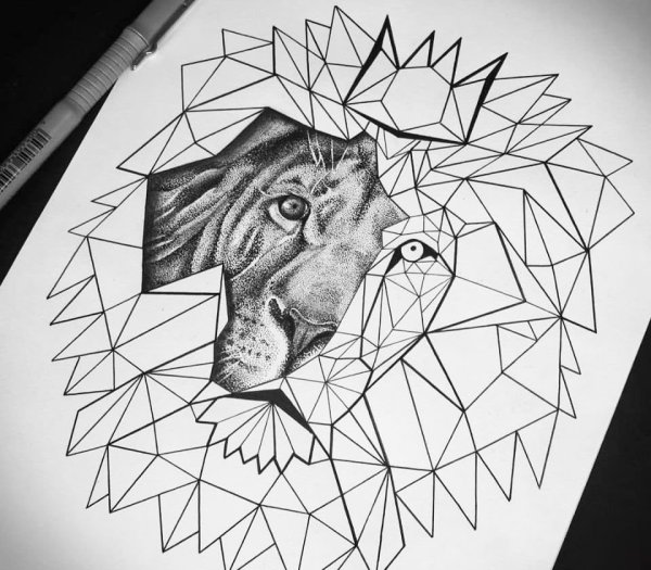 Эскиз тату Лев лайнворк