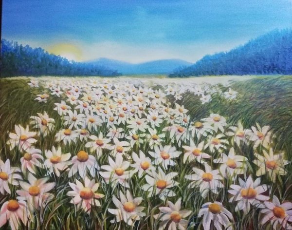 Пейзаж с ромашками живопись