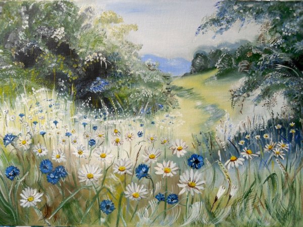 Поляна с ромашками акварелью