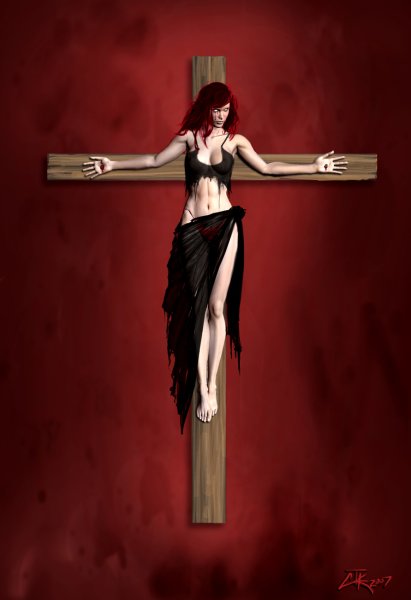 Распятая девушка на стене