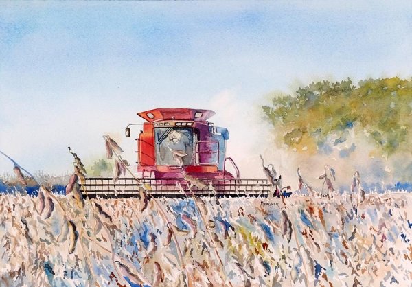 Комбайн на поле живопись