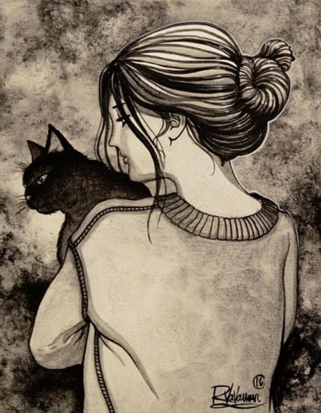 Девушка с котом со спины