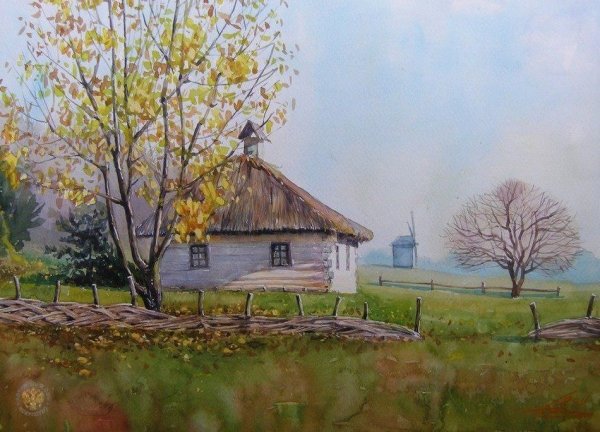 Осень в деревне акварель