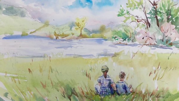 Летний пейзаж акварелью с людьми