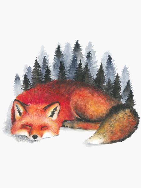 Лиса в лесу акварелью
