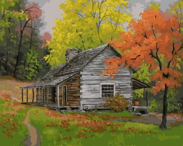 Пейзаж домик в лесу