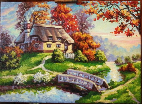 Пейзаж с домикам легко