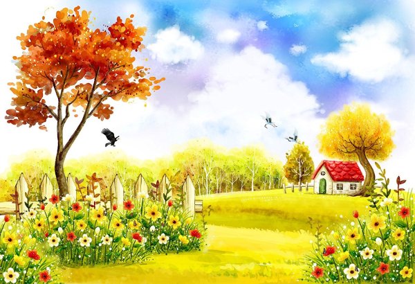 Мультяшный пейзаж с домиками