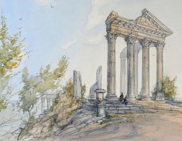 Греческий храм акварель