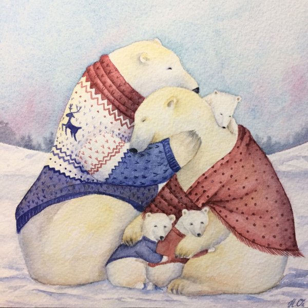 Семья медведей акварель