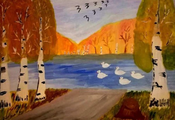 Пейзаж осень гуашью