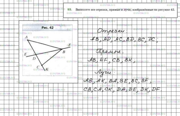 Запишите все отрезки прямые и лучи изображенные на рисунке 42