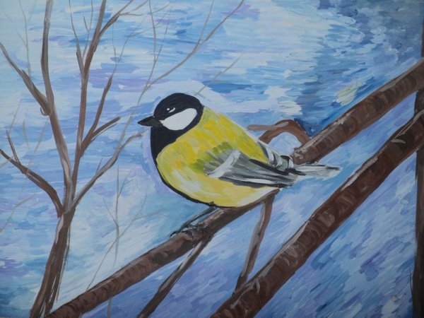 Рисование синица на ветке