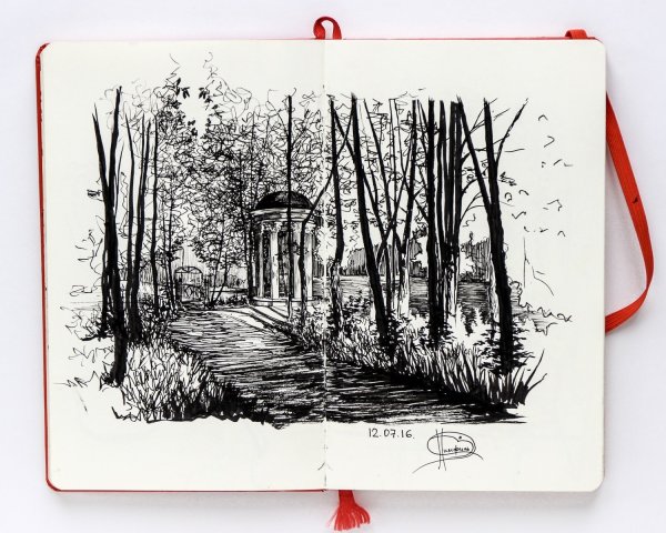 Пейзаж черной ручкой