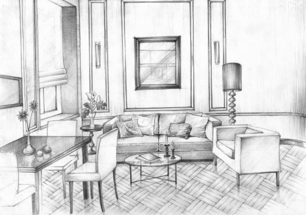 Угол комнаты с мебелью в карандаше