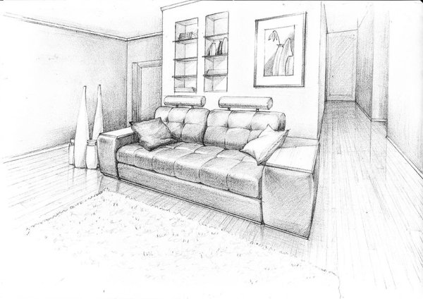 Эскиз комнаты с мебелью
