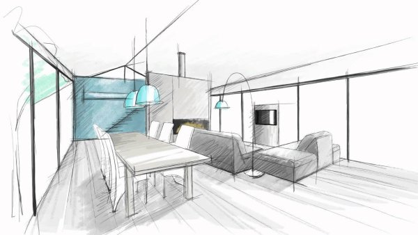 Угловая перспектива интерьера скетч