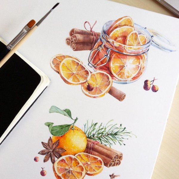 Скетчинг акварелью апельсины