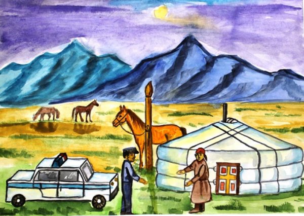 Юрта в степи рисунок