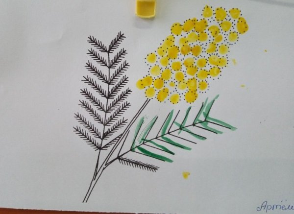 Ветка мимозы пуантилизм