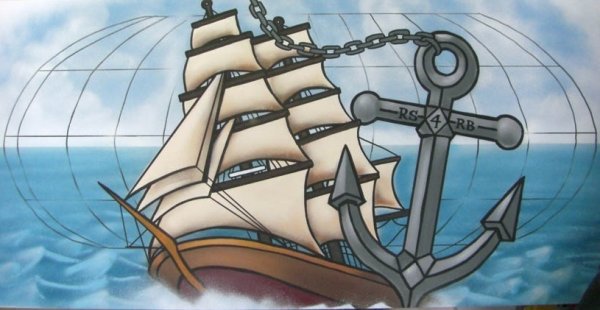 Корабль с парусами и якорем