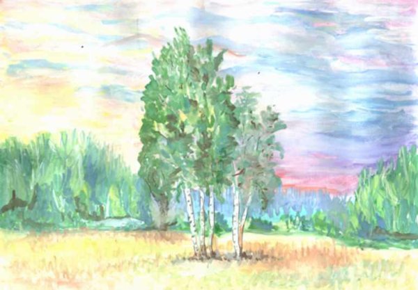 Пейзаж поле акварель