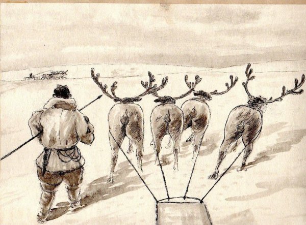 Эскимосы на санях с оленями