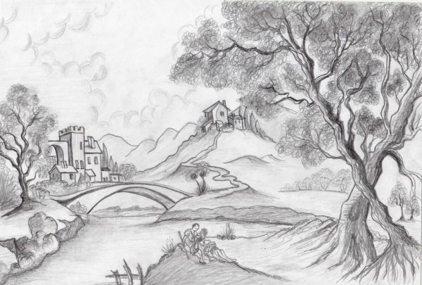 Эскиз пейзажа карандашом