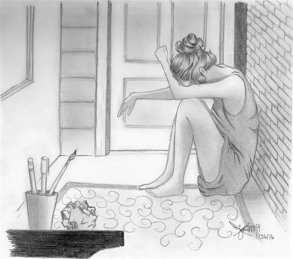 Девушка у окна карандашом