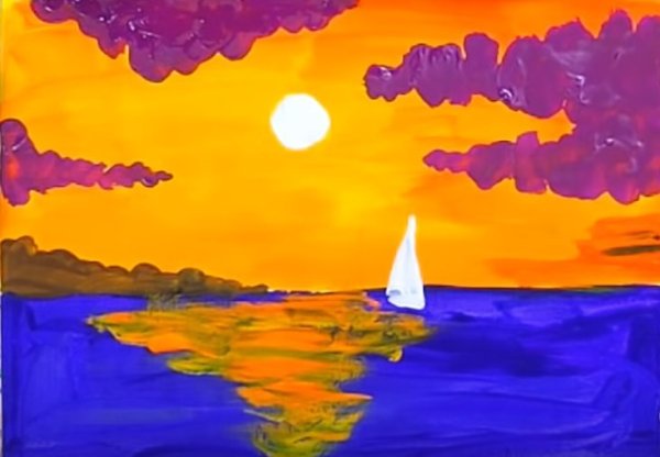 Закат на море гуашью для детей
