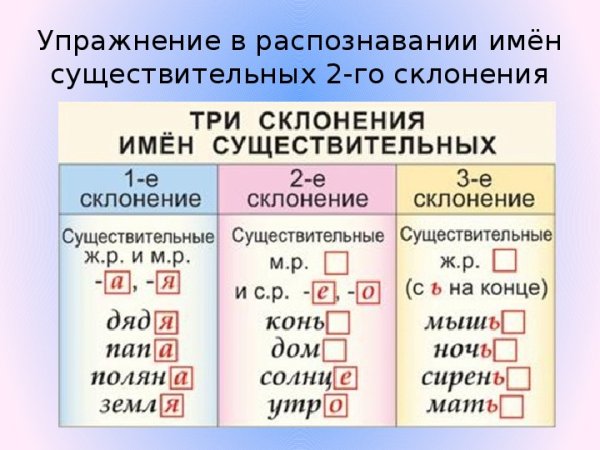 Второе склонение существительных 4 класс
