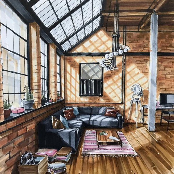 Скетчи интерьера в стиле лофт