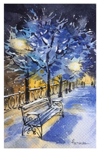 Зимний городской пейзаж гуашью