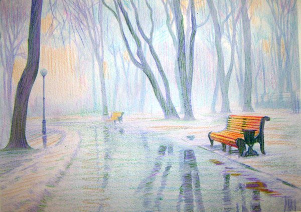 Парковый пейзаж цветные карандаши