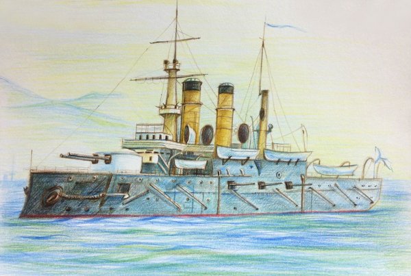 Корабль цветными карандашами