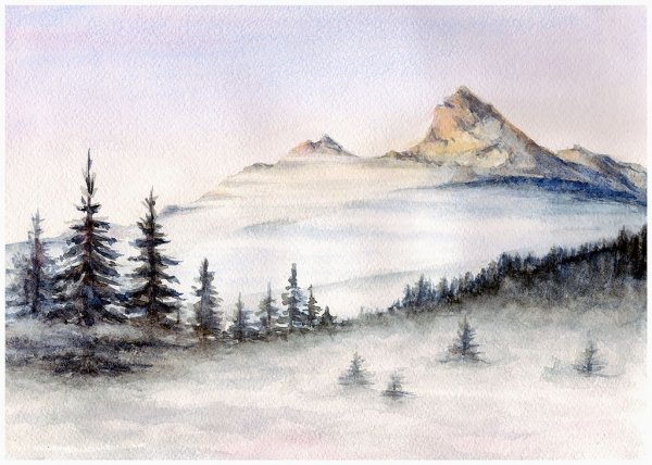 Горный пейзаж акварелью