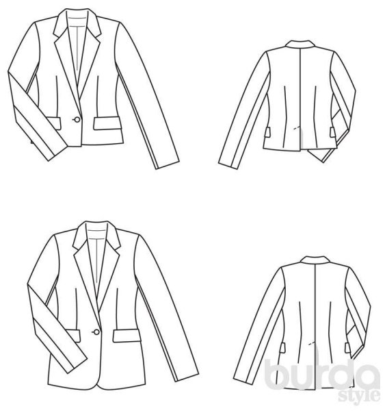 Технический рисунок двубортного пиджака спереди и сзади