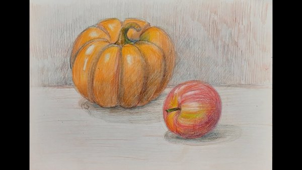 Натюрморт с тыквой цветными карандашами