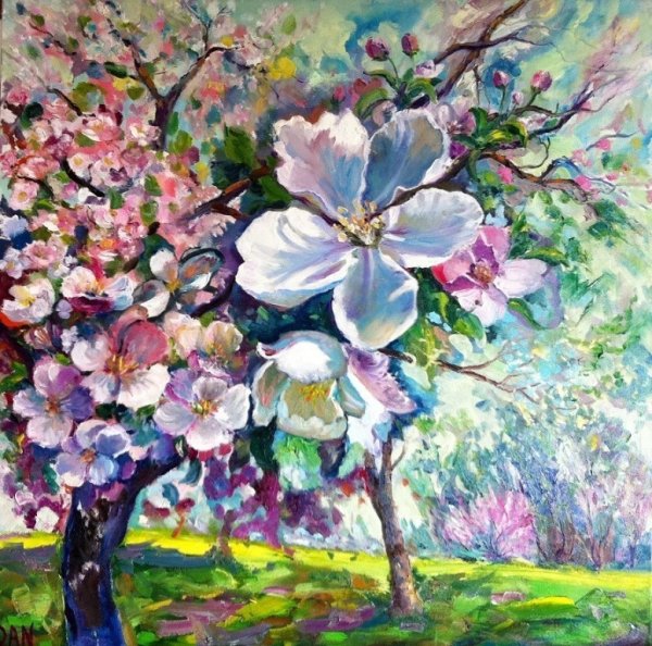 Цветущая яблоня живопись мастихином