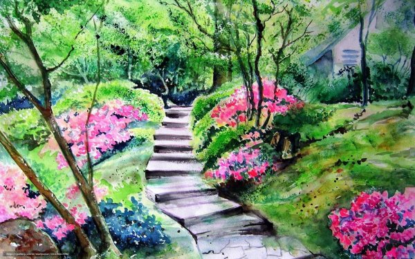 Живопись гуашью пейзажи цветы сады