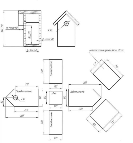 Чертёж скворечника с размерами из дерева для Скворцов