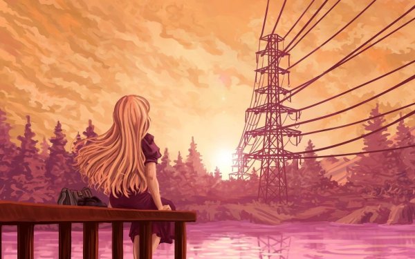 Аниме девушка сидит на мосту