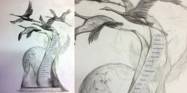 Зарисовки скульптуры журавля