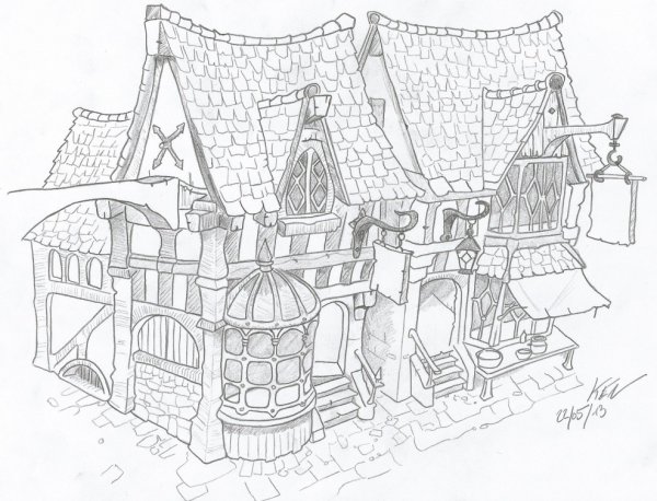 Средневековый дом карандашом