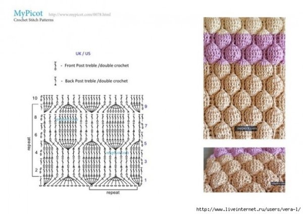 Объемные узоры крючком из рельефных столбиков схемы