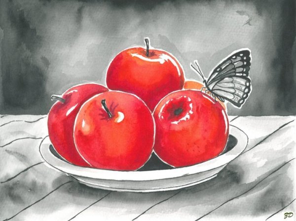 Натюрморт яблоки на тарелке