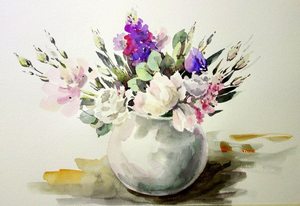 Цветы в вазе акварелью