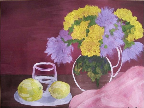 Натюрморт с цветами и фруктами гуашью