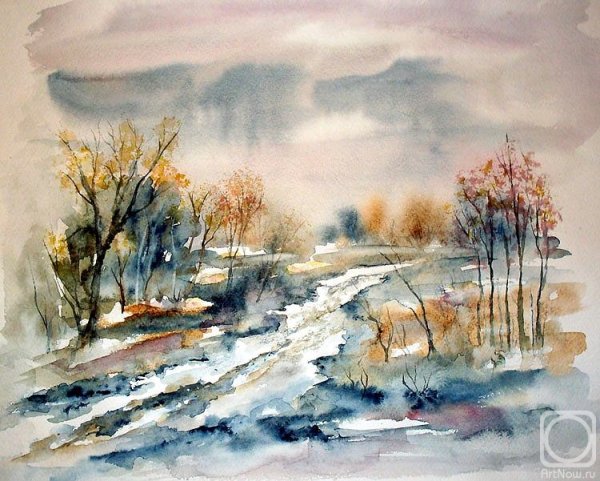 Первый снег акварель